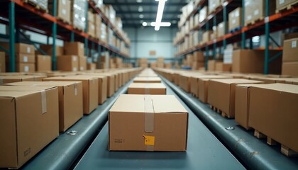 Efficiently Managed Cardboard Boxes on a Conveyor Belt in a Warehouse or Distribution Center: Streamlining Logistics and Enhancing Productivity in Modern Supply Chain Operations