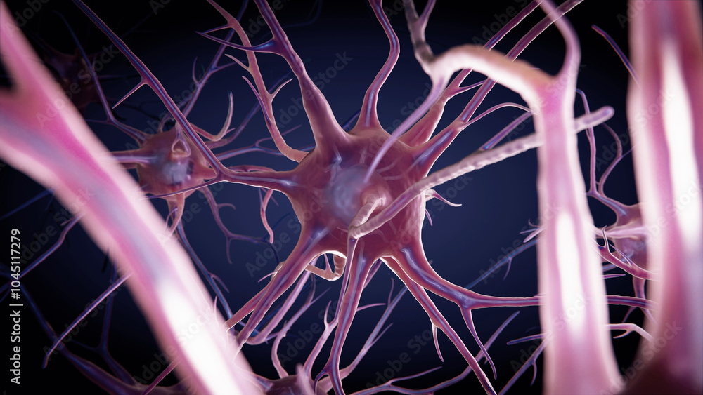Poster macro animation neurons in the brain. cells sending electrical and chemical signals. 3d render anima