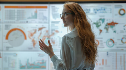 A female tech engineer pitches a revolutionary product at an e-Business Technology Conference. Infographics and graphs are displayed on the whiteboard.