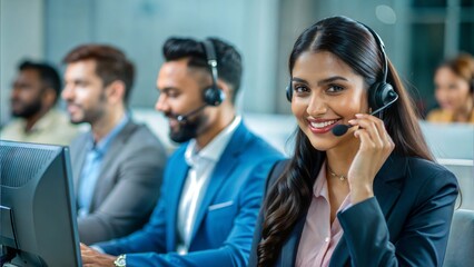 An Indian customer service representative assisting clients over the phone at a call center.	

