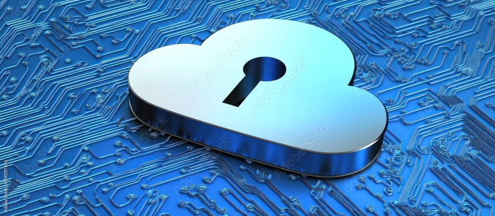 Poster a silver cloud with a keyhole sits on a blue circuit board, representing secure cloud computing.