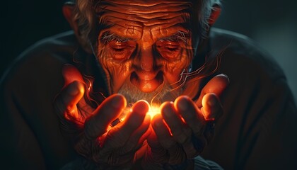 elderly person in a moment of reflection, head bowed, with a warm red glow emanating fatmosphere against a dark background