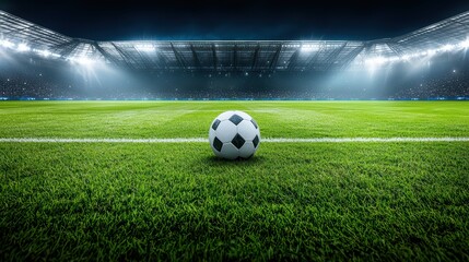 A close-up view of a soccer ball on the lush green field under stadium lights.