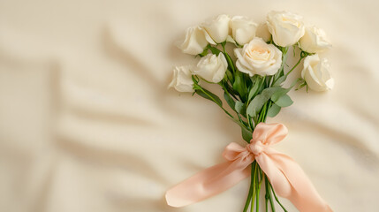 White Rose Bouquet with Silk Ribbon - Romantic Floral Arrangement