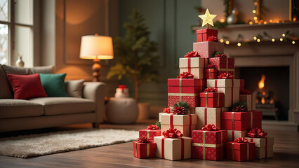 Christmas tree made from gift boxes, festive room background. Interior Christmas.