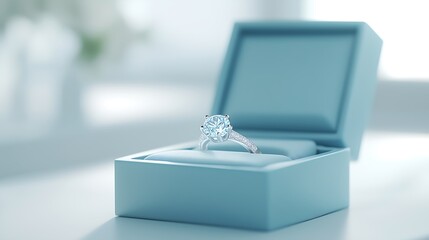 A diamond ring inside a blue jewelry box, set against a white background, a sense of elegance and sophistication.