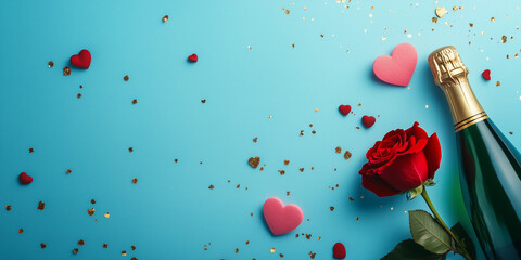 red rose and hearts and champaigne bottle on the side of blue plain background