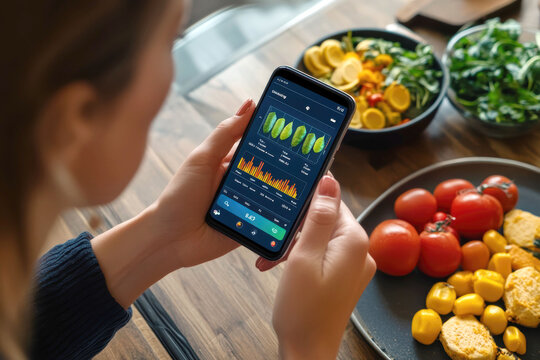 Healthy eating app tracking nutrition with fresh veggies