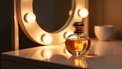 A luxurious perfume bottle placed on a marble vanity in a dimly lit bathroom, with soft warm lighting and a decorative mirror in the background