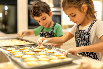 Fototapeta premium Children baking cookies in the kitchen â€“ fun culinary activity for kids and family bonding