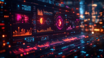 Obraz premium dynamic big data analytics report displayed as an infographic with colorful graphs and charts, illustrating data distribution across various business categories on a sleek abstract background