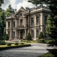 Fototapeta premium Beautiful Modern Luxury Mansion, Contemporary Architectural Design with Expansive Outdoor Space and High-End Features