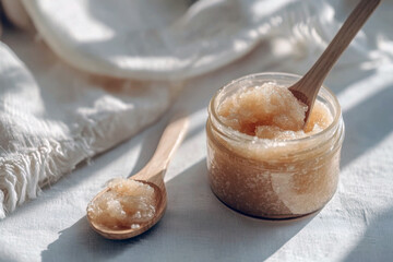 Exfoliating scrub in an open jar alongside a wooden spoon on a textured surface