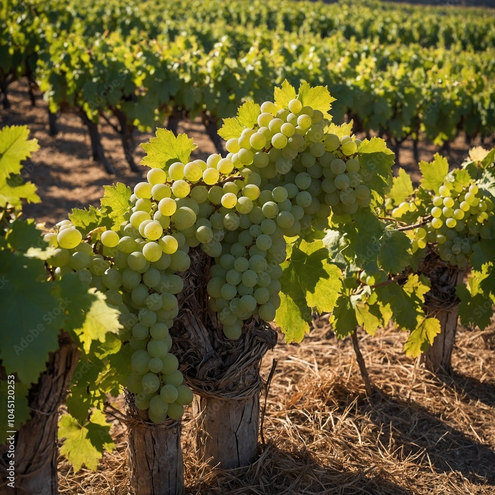 Aufkleber green grape clusters on vines in vineyard, with rows of grape vines in background