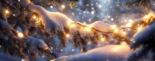 Naklejka premium Snow covered pine tree branch illuminated by string lights