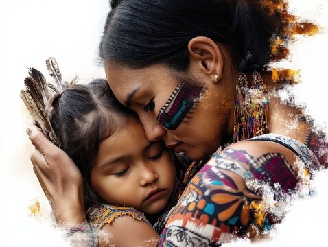 A mother, adorned with colorful patterns, lovingly embraces her child, reflecting deep affection and cultural richness in an emotional and intimate scene.