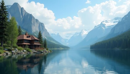 Fototapeta premium Tranquil lakeside retreat amidst natures grandeur