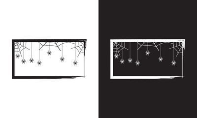 Halloween holiday black and white frame with spiders in cobwebs, horror night vector background with borders. Halloween holiday poster or greeting card with spiderweb . Vector illustration. EPS 10 