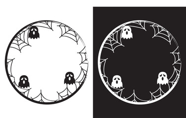 Halloween holiday black and white frame with spiders in cobwebs, horror night vector background with borders. Halloween holiday poster or greeting card with spiderweb . Vector illustration. EPS 10 