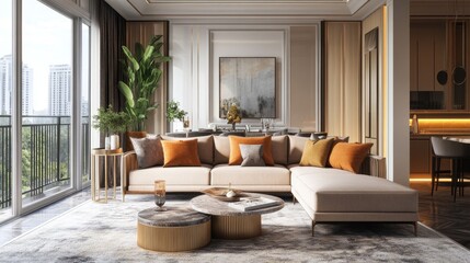 A stylish living room in a fancy apartment with a comfortable couch and a table.
