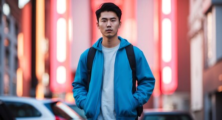 Fototapeta premium east asian young man urban streetwear bright background wearing fashion portrait