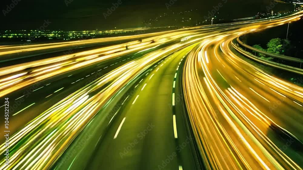 Poster dynamic light trails illuminate a busy highway at night, showcasing fast-moving traffic above vibran