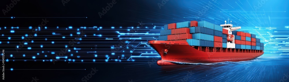 Poster cargo ship with containers, sailing on digital data streams, representing modern shipping and logist