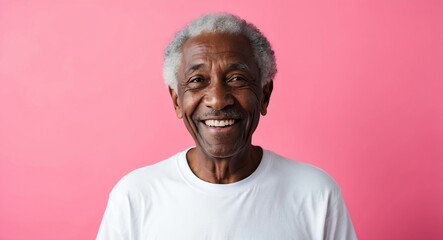 mixed race elderly man pink background wearing plain white tshirt smiling happy portrait