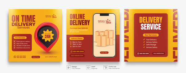 Fast Home Delivery Service Social Media Post Design Template. Online Delivery Promotional Bundle.