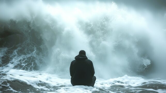 Abstract image of Mankind facing rising sea levels, heavy rains, flash floods, cyclonic storms, shocking tsunamis, and devastating hurricanes with the impending climate change