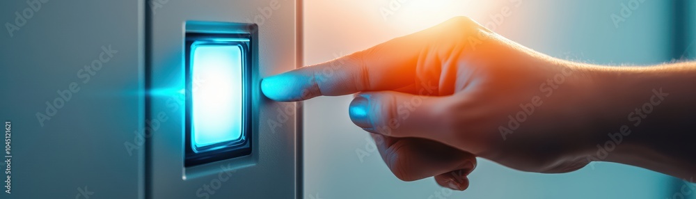 Aufkleber close-up of a hand pressing a modern push-button switch with glowing light effect.