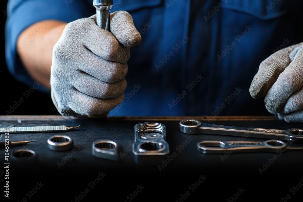 Aufkleber close-up of a mechanic's hand using a wrench on various tools in a workshop setting.