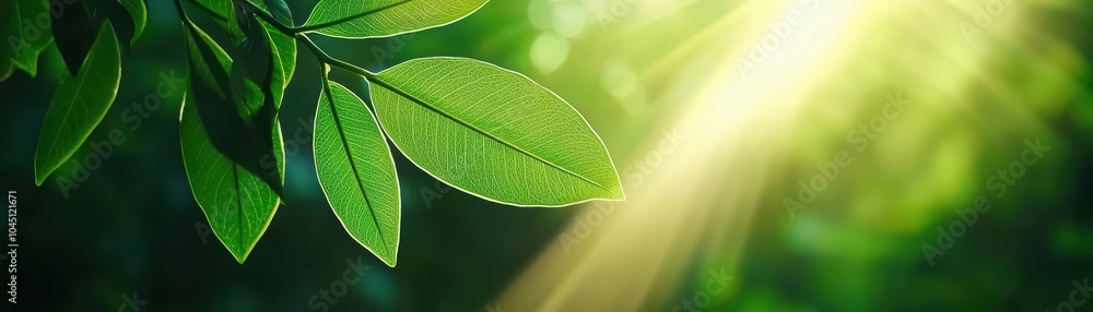 Poster close-up view of green leaves with sunlight filtering through, creating a serene and fresh atmospher
