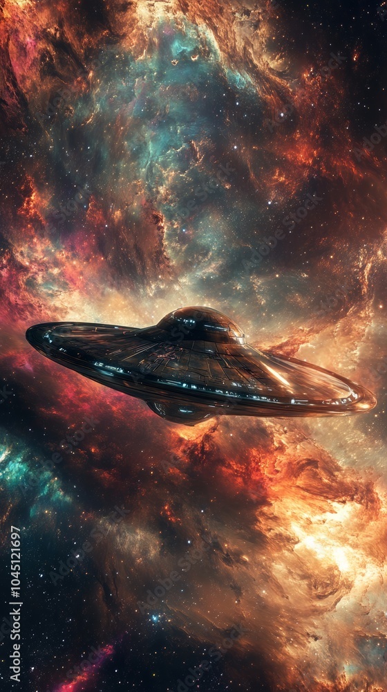 Poster alien spaceship flying through colorful nebula in deep space