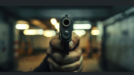 The sound of gunshots echoes off the walls creating a steady rhythm in the room.