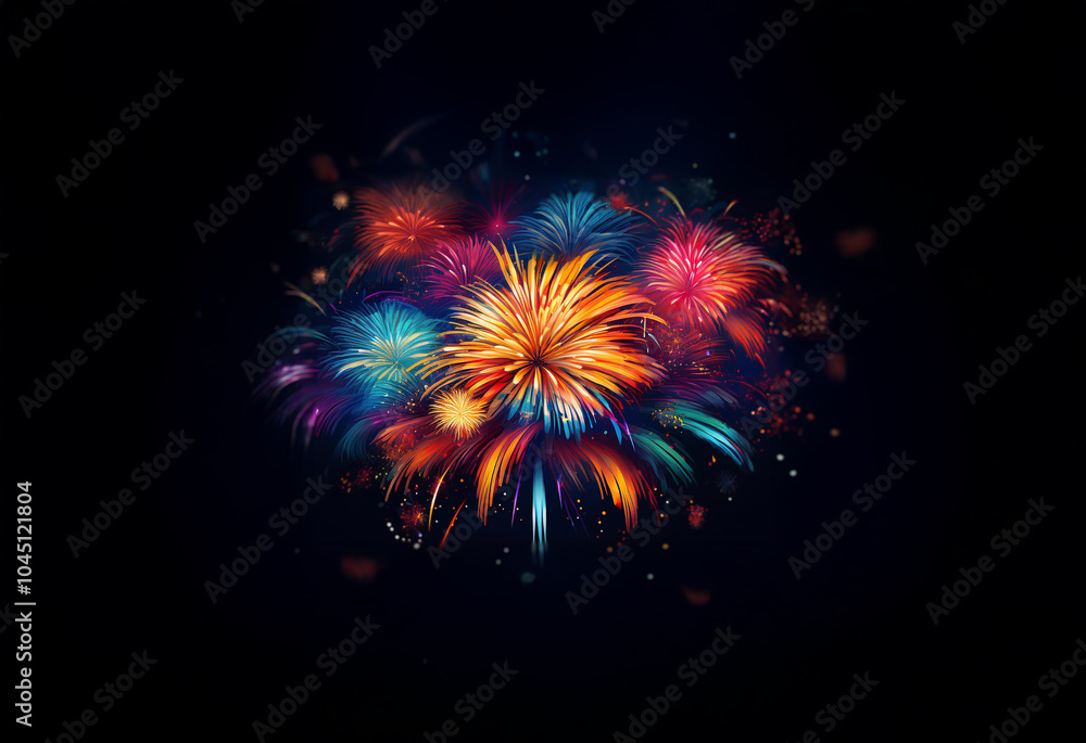 Poster A cluster of colorful fireworks explode against a black background.