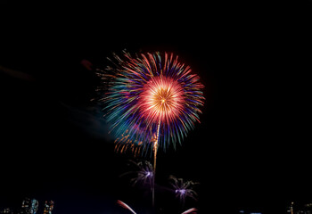 A vibrant firework display explodes in the night sky, isolated against a dark background.