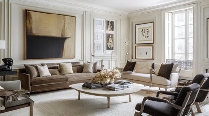 A stylish living room with modern furniture and beautiful artwork on the walls.