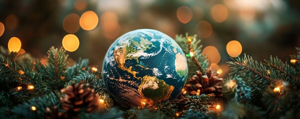 Earth ornament hanging on christmas tree branch with lights