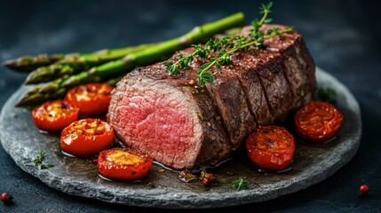 Tender slices of roast beef reveal a rich pink center, complemented by grilled asparagus and roasted tomatoes. Soft, natural light highlights the vibrant colors and textures of this appetizing dish.