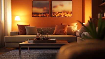 A stylish living room with warm, earthy colors. Cozy furniture and modern art create a welcoming and comfortable space. Ideal for showcasing the beauty of home.