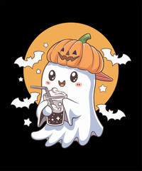 Boo Halloween ghost character with a drink in front of a full moon