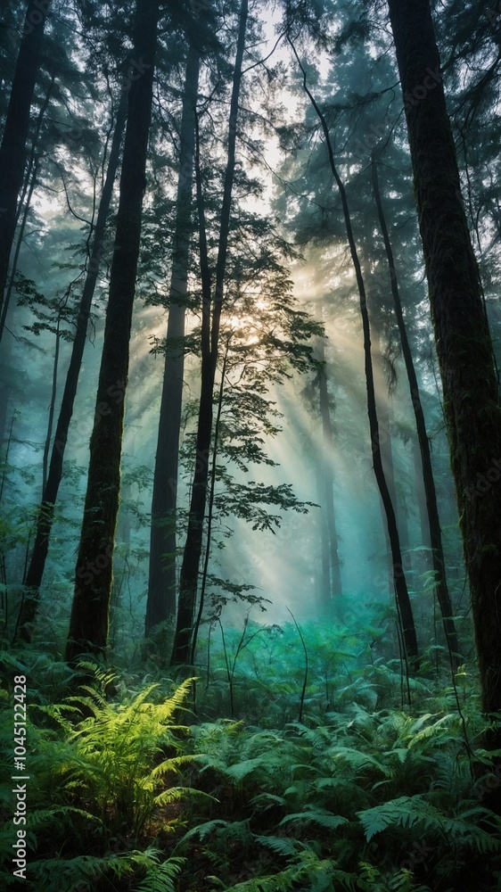 Aufkleber dense, misty forest with tall evergreen trees and sunlight filtering through fog, creating serene an