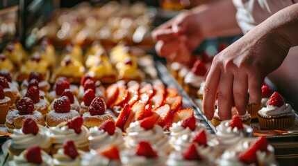 A closeup of a vendors hands skillfully arranging delicate pastries on a platter.