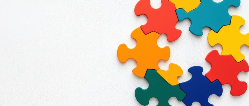 Colorful puzzle pieces arranged on a white background, symbolizing creativity and problem-solving.