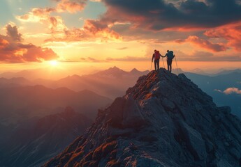 Climbers help friends reach the top of the mountain, with a very beautiful view, Generative Ai illustration