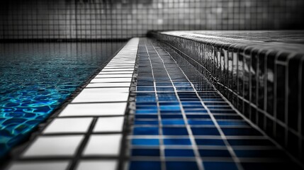 A swimming pool with blue tiles, photographed in black and white.