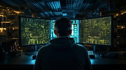 Fototapeta premium Programmer coding intensely, face not visible from behind due to the monitor