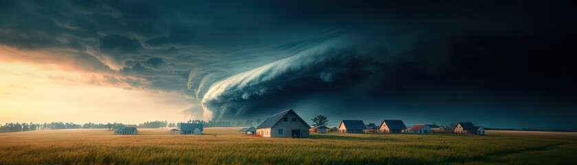 Fototapeta premium Dramatic storm clouds loom over a tranquil field and rural houses, creating a striking contrast in nature.