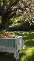 Picnic table set with white tablecloth and various fruits and pastries, surrounded by lush green lawn and large tree with blooming flowers overhead